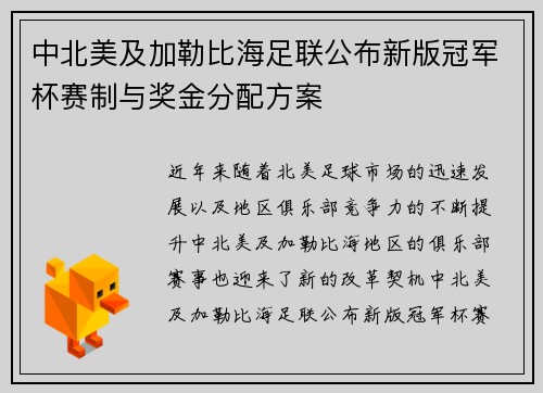 中北美及加勒比海足联公布新版冠军杯赛制与奖金分配方案 中北美及加勒比海足联公布新版冠军杯赛制与奖金分配方案