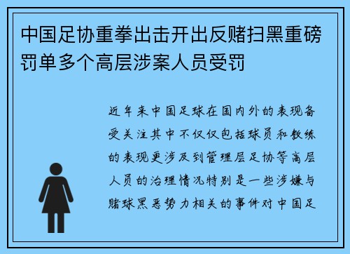 中国足协重拳出击开出反赌扫黑重磅罚单多个高层涉案人员受罚