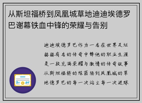 从斯坦福桥到凤凰城草地迪迪埃德罗巴谢幕铁血中锋的荣耀与告别 从斯坦福桥到凤凰城草地迪迪埃德罗巴谢幕铁血中锋的荣耀与告别